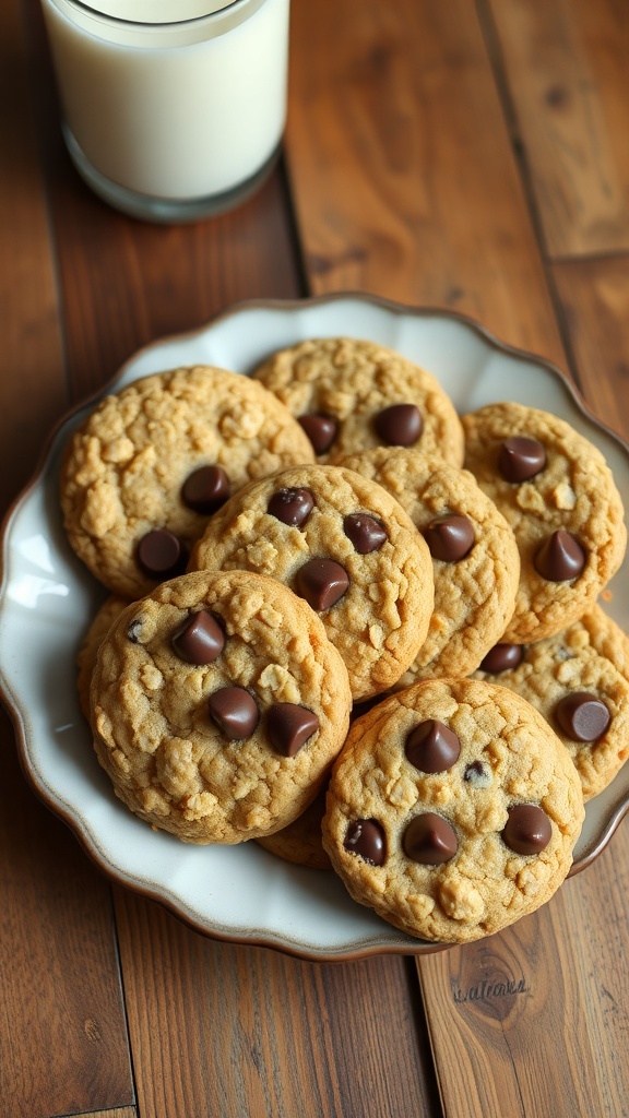A plate of golden oatmeal cookies with chocolate chips, accompanied by a glass of milk on a wooden table.